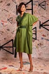 Shop_Echke_Green 100% Linen Colour Block Lapel Collar Asymmetric Dress _Online_at_Aza_Fashions