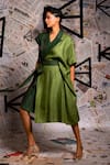 Echke_Green 100% Linen Colour Block Lapel Collar Asymmetric Dress _at_Aza_Fashions