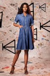 Buy_Echke_Blue 100% Cotton Denim Plain Stand Collar Panelled Dress _at_Aza_Fashions