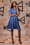 Echke_Blue 100% Cotton Denim Plain Stand Collar Panelled Dress _Online_at_Aza_Fashions