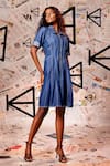 Buy_Echke_Blue 100% Cotton Denim Plain Stand Collar Panelled Dress _Online_at_Aza_Fashions