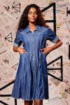 Shop_Echke_Blue 100% Cotton Denim Plain Stand Collar Panelled Dress _Online_at_Aza_Fashions