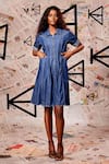 Echke_Blue 100% Cotton Denim Plain Stand Collar Panelled Dress _at_Aza_Fashions