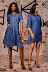 Buy_Echke_Blue 100% Cotton Denim Plain Stand Collar Panelled Dress 