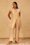 Buy_Eeda_Ivory Silk Tissue Crew Patchwork Center Slit Short Kurta And Pant Set _at_Aza_Fashions