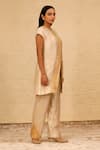 Eeda_Ivory Silk Tissue Crew Patchwork Center Slit Short Kurta And Pant Set _Online_at_Aza_Fashions