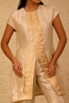 Eeda_Ivory Silk Tissue Crew Patchwork Center Slit Short Kurta And Pant Set _at_Aza_Fashions