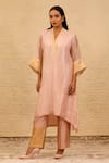 Buy_Eeda_Pink Kurta Silk Tissue V Neck Patchwork Straight And Pant Set _at_Aza_Fashions