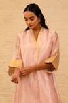 Buy_Eeda_Pink Kurta Silk Tissue V Neck Patchwork Straight And Pant Set _Online_at_Aza_Fashions