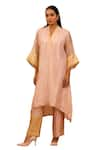 Eeda_Pink Kurta Silk Tissue V Neck Patchwork Straight And Pant Set _Online