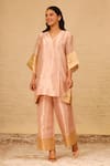 Buy_Eeda_Pink Silk Tissue V Neck Patchwork Short Kurta And Pant Set _at_Aza_Fashions