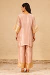 Shop_Eeda_Pink Silk Tissue V Neck Patchwork Short Kurta And Pant Set _at_Aza_Fashions