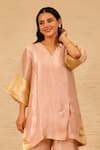 Eeda_Pink Silk Tissue V Neck Patchwork Short Kurta And Pant Set _at_Aza_Fashions