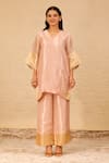 Buy_Eeda_Pink Silk Tissue V Neck Patchwork Short Kurta And Pant Set 