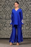 Buy_Eeda_Blue Chiniya Silk Embroidered Zardosi Noor Sleeve Short Kurta And Flared Pant Set _at_Aza_Fashions