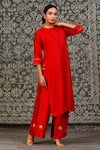 Buy_Eeda_Red Chiniya Silk Embroidered Zardosi Crew Noor Kurta And Pant Set _at_Aza_Fashions