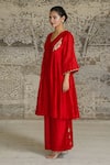 Eeda_Red Chiniya Silk Embroidered Zardosi V Noor Gathered Work Anarkali And Pant Set _at_Aza_Fashions