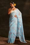 Buy_Paaprika_Blue Pure Georgette Print Floral Vine Saree With Unstitched Blouse Piece _Online_at_Aza_Fashions