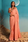 Paaprika_Peach Pure Georgette Embroidered Sequin V-neck Fan Pattern Saree With Blouse _Online_at_Aza_Fashions