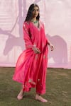 Shop_PUNIT BALANA_Pink Kurta And Pant Silk Embroidered Floral V The Alia Applique Work Choga Set_Online_at_Aza_Fashions