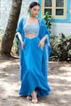 Buy_Harshita Singhvi_Blue Crepe Embroidery Cutdana Cape Open Floral Border Draped Skirt Set _at_Aza_Fashions