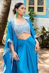 Harshita Singhvi_Blue Crepe Embroidery Cutdana Cape Open Floral Border Draped Skirt Set _Online_at_Aza_Fashions