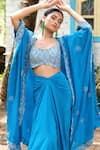 Buy_Harshita Singhvi_Blue Crepe Embroidery Cutdana Cape Open Floral Border Draped Skirt Set _Online_at_Aza_Fashions