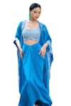 Buy_Harshita Singhvi_Blue Crepe Embroidery Cutdana Cape Open Floral Border Draped Skirt Set 