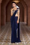 Shop_Aariyana Couture_Blue Viscose Crepe Hand Embroidered Floral Off Pre-draped Saree With Blouse_at_Aza_Fashions