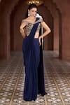 Shop_Aariyana Couture_Blue Viscose Crepe Hand Embroidered Floral Off Pre-draped Saree With Blouse_Online_at_Aza_Fashions