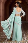 Aariyana Couture_Blue Viscose Crepe Hand Embroidered Geometric Ruffled Lehenga Saree With Blouse_Online_at_Aza_Fashions