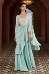 Shop_Aariyana Couture_Blue Viscose Crepe Hand Embroidered Geometric Ruffled Lehenga Saree With Blouse _at_Aza_Fashions