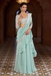 Aariyana Couture_Blue Viscose Crepe Hand Embroidered Geometric Ruffled Lehenga Saree With Blouse_at_Aza_Fashions