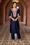 Shop_Aariyana Couture_Blue Kurta And Pant Silk Chanderi Embroidered Floral V Neck Set