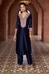 Aariyana Couture_Blue Kurta And Pant Silk Chanderi Embroidered Floral V Neck Set_Online