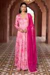 Buy_Aariyana Couture_Pink Anarkali Silk Chanderi Printed Cherry Blossom V Neck With Dupatta_Online_at_Aza_Fashions