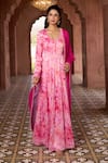 Shop_Aariyana Couture_Pink Anarkali Silk Chanderi Printed Cherry Blossom V Neck With Dupatta_Online_at_Aza_Fashions