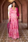 Shop_Aariyana Couture_Pink Anarkali Silk Chanderi Printed Cherry Blossom V Neck With Dupatta _Online_at_Aza_Fashions