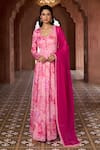 Shop_Aariyana Couture_Pink Anarkali Silk Chanderi Printed Cherry Blossom V Neck With Dupatta_at_Aza_Fashions