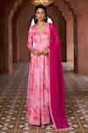 Shop_Aariyana Couture_Pink Anarkali Silk Chanderi Printed Cherry Blossom V Neck With Dupatta _at_Aza_Fashions