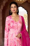 Aariyana Couture_Pink Anarkali Silk Chanderi Printed Cherry Blossom V Neck With Dupatta_at_Aza_Fashions