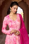 Buy_Aariyana Couture_Pink Anarkali Silk Chanderi Printed Cherry Blossom V Neck With Dupatta