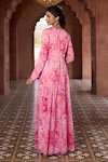 Shop_Aariyana Couture_Pink Anarkali Silk Chanderi Printed Cherry Blossom V Neck With Dupatta