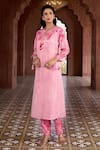 Buy_Aariyana Couture_Pink Kurta Silk Chanderi And Viscose Organza Printed Cherry Blossom & Pant Set _Online_at_Aza_Fashions