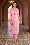 Buy_Aariyana Couture_Pink Kurta Silk Chanderi And Viscose Organza Printed Cherry Blossom & Pant Set