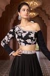 Shop_Aariyana Couture_Black Viscose Crepe Hand Embroidered Floral One Shoulder Blouse And Skirt Set