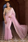 Aariyana Couture_Pink Saree Tissue Embroidered Floral Broad Plunged Leaf Bordered With Blouse_Online_at_Aza_Fashions