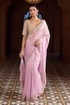 Buy_Aariyana Couture_Pink Saree Tissue Embroidered Floral Broad Plunged Leaf Bordered With Blouse _Online_at_Aza_Fashions