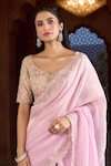 Shop_Aariyana Couture_Pink Saree Tissue Embroidered Floral Broad Plunged Leaf Bordered With Blouse_Online_at_Aza_Fashions