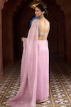 Buy_Aariyana Couture_Pink Saree Tissue Embroidered Floral Broad Plunged Leaf Bordered With Blouse 